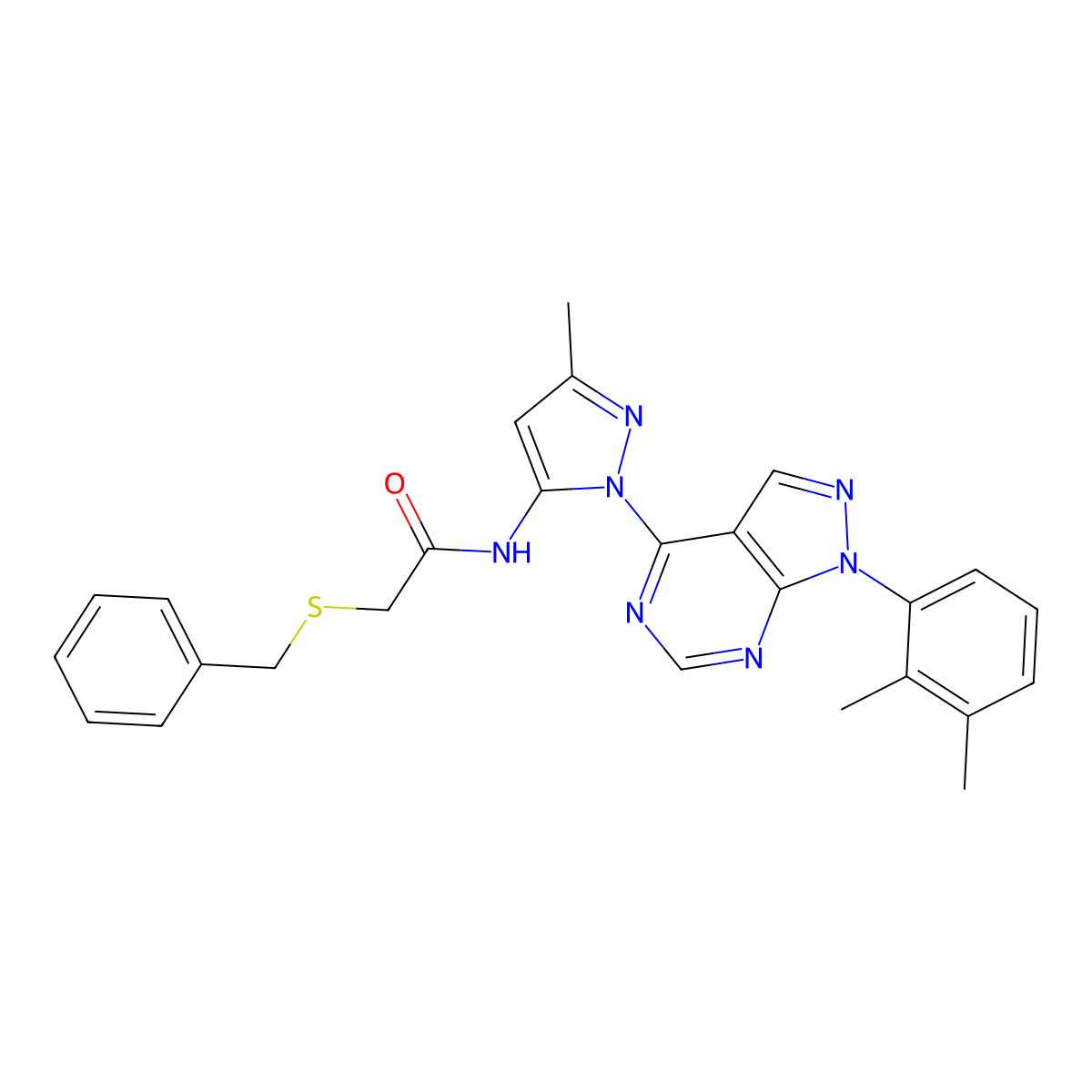2-(benzylthio)-N-(1-(1-(2,3-dimethylphenyl)-1H-pyrazolo[3,4-d]pyrimidin-4-yl)-3-methyl-1H-pyrazol-5-yl)acetamide molecular structure, CAS 1007173-47-8