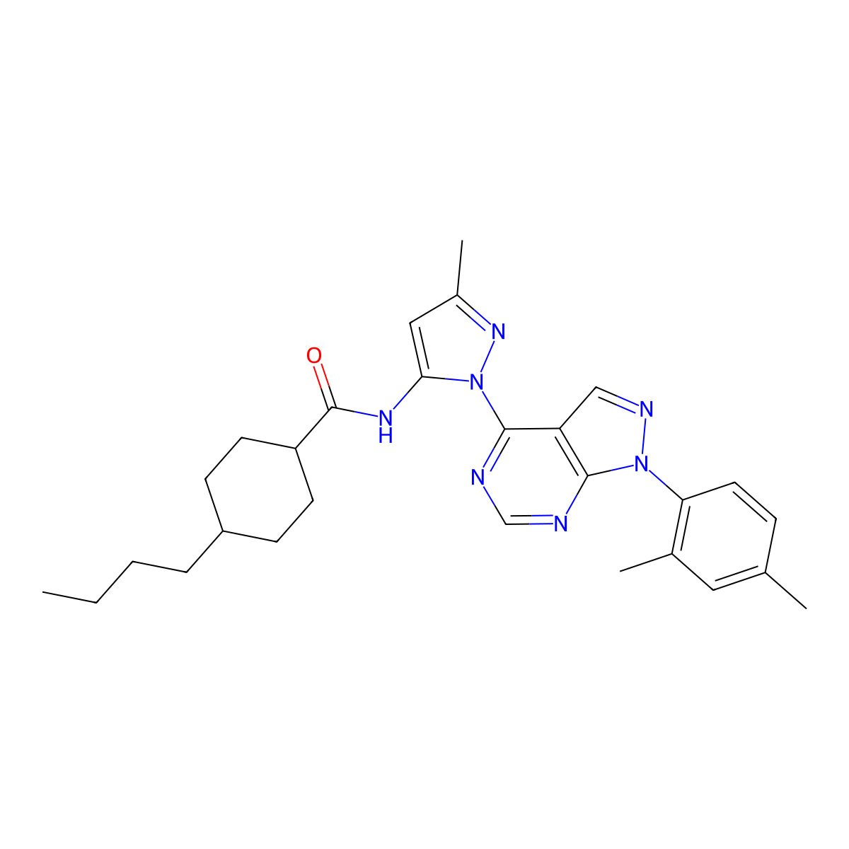 4-butyl-N-(1-(1-(2,4-dimethylphenyl)-1H-pyrazolo[3,4-d]pyrimidin-4-yl)-3-methyl-1H-pyrazol-5-yl)cyclohexanecarboxamide molecular structure, CAS 1007173-75-2