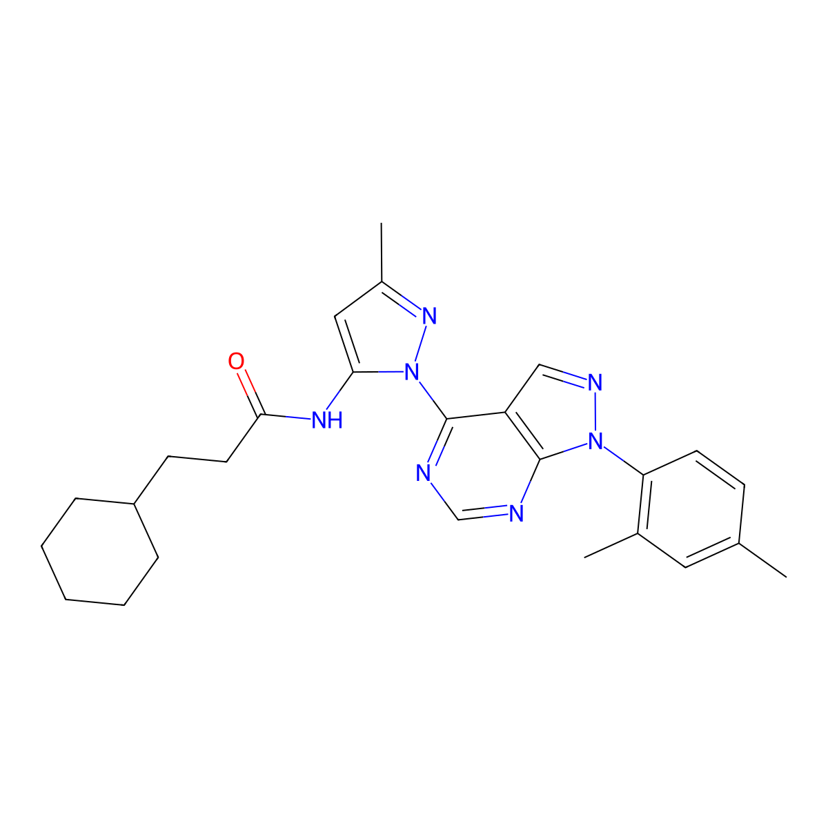 3-cyclohexyl-N-{1-[1-(2,4-dimethylphenyl)-1H-pyrazolo[3,4-d]pyrimidin-4-yl]-3-methyl-1H-pyrazol-5-yl}propanamide molecular structure, CAS 1007173-77-4