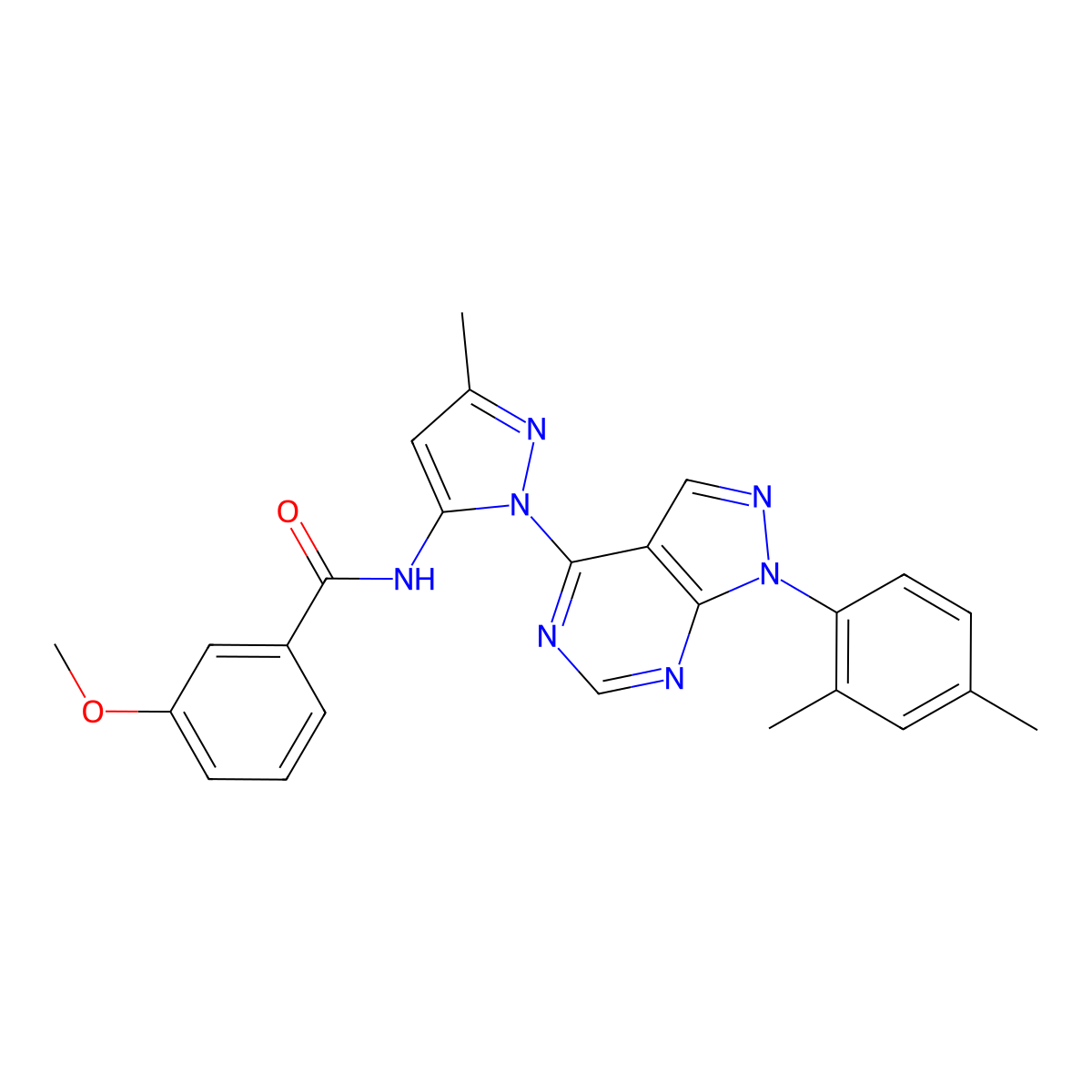 N-{1-[1-(2,4-dimethylphenyl)-1H-pyrazolo[3,4-d]pyrimidin-4-yl]-3-methyl-1H-pyrazol-5-yl}-3-methoxybenzamide molecular structure, CAS 1007173-87-6