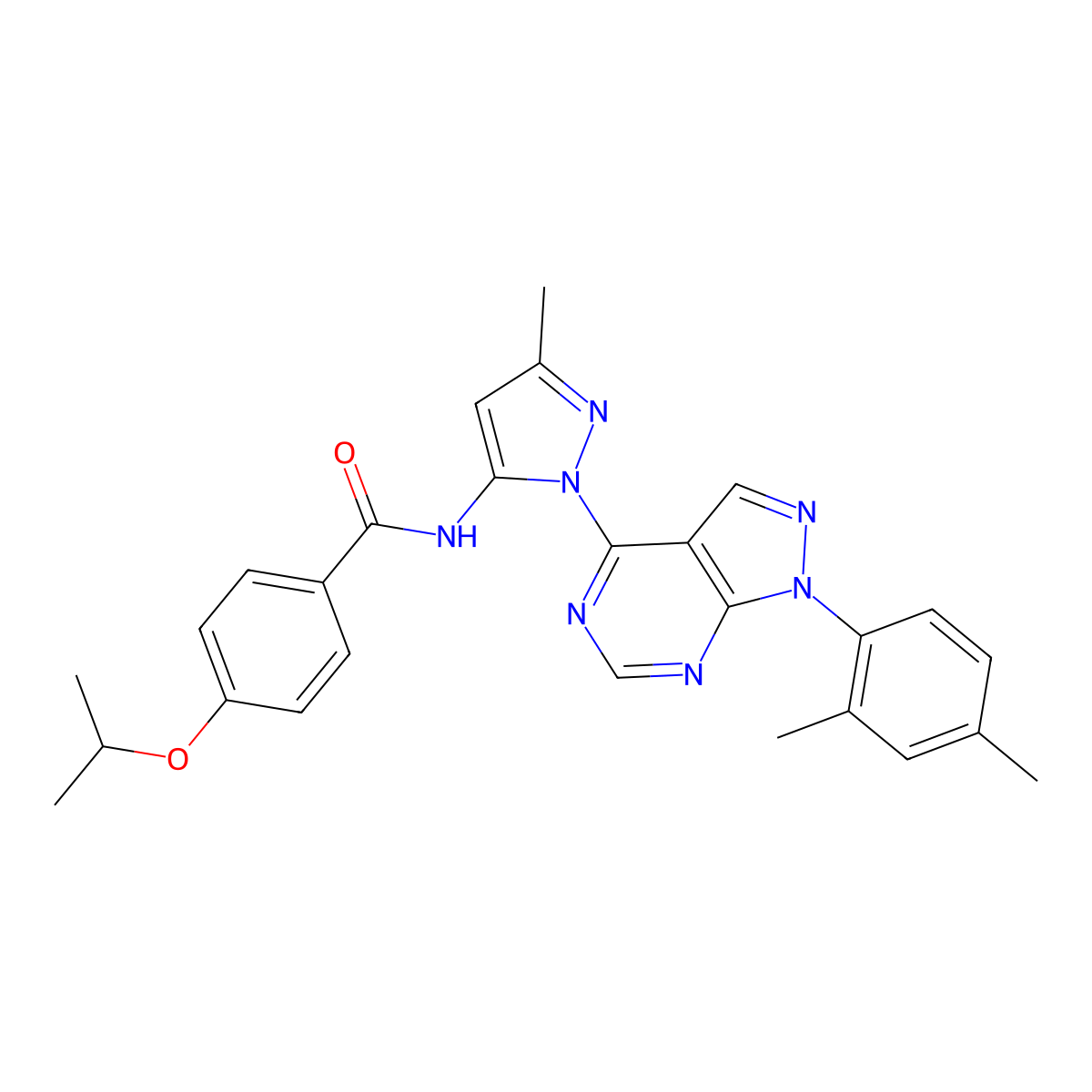 N-{1-[1-(2,4-dimethylphenyl)-1H-pyrazolo[3,4-d]pyrimidin-4-yl]-3-methyl-1H-pyrazol-5-yl}-4-(propan-2-yloxy)benzamide molecular structure, CAS 1007173-89-8