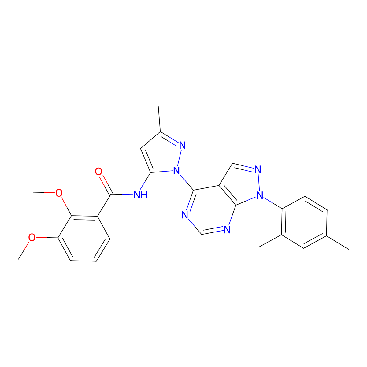 N-(1-(1-(2,4-dimethylphenyl)-1H-pyrazolo[3,4-d]pyrimidin-4-yl)-3-methyl-1H-pyrazol-5-yl)-2,3-dimethoxybenzamide molecular structure, CAS 1007173-91-2