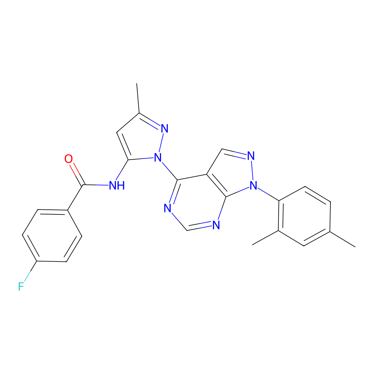 N-(1-(1-(2,4-dimethylphenyl)-1H-pyrazolo[3,4-d]pyrimidin-4-yl)-3-methyl-1H-pyrazol-5-yl)-4-fluorobenzamide molecular structure, CAS 1007173-95-6