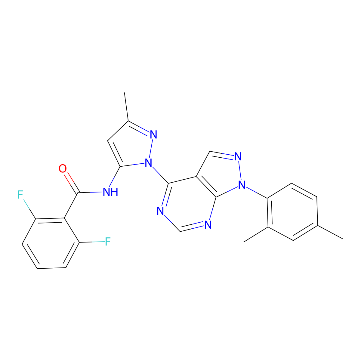 N-{1-[1-(2,4-dimethylphenyl)-1H-pyrazolo[3,4-d]pyrimidin-4-yl]-3-methyl-1H-pyrazol-5-yl}-2,6-difluorobenzamide molecular structure, CAS 1007174-01-7