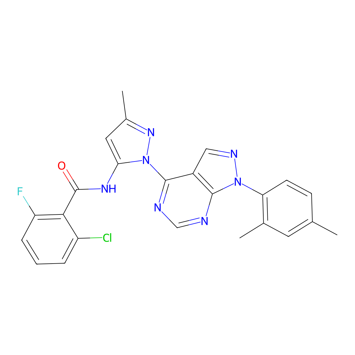 2-chloro-N-{1-[1-(2,4-dimethylphenyl)-1H-pyrazolo[3,4-d]pyrimidin-4-yl]-3-methyl-1H-pyrazol-5-yl}-6-fluorobenzamide molecular structure, CAS 1007174-04-0