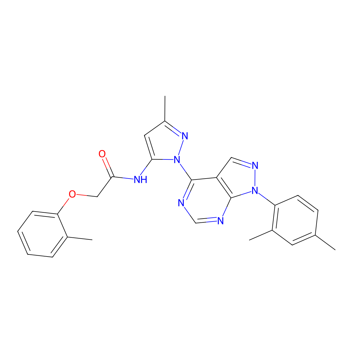 N-{1-[1-(2,4-dimethylphenyl)-1H-pyrazolo[3,4-d]pyrimidin-4-yl]-3-methyl-1H-pyrazol-5-yl}-2-(2-methylphenoxy)acetamide molecular structure, CAS 1007174-22-2