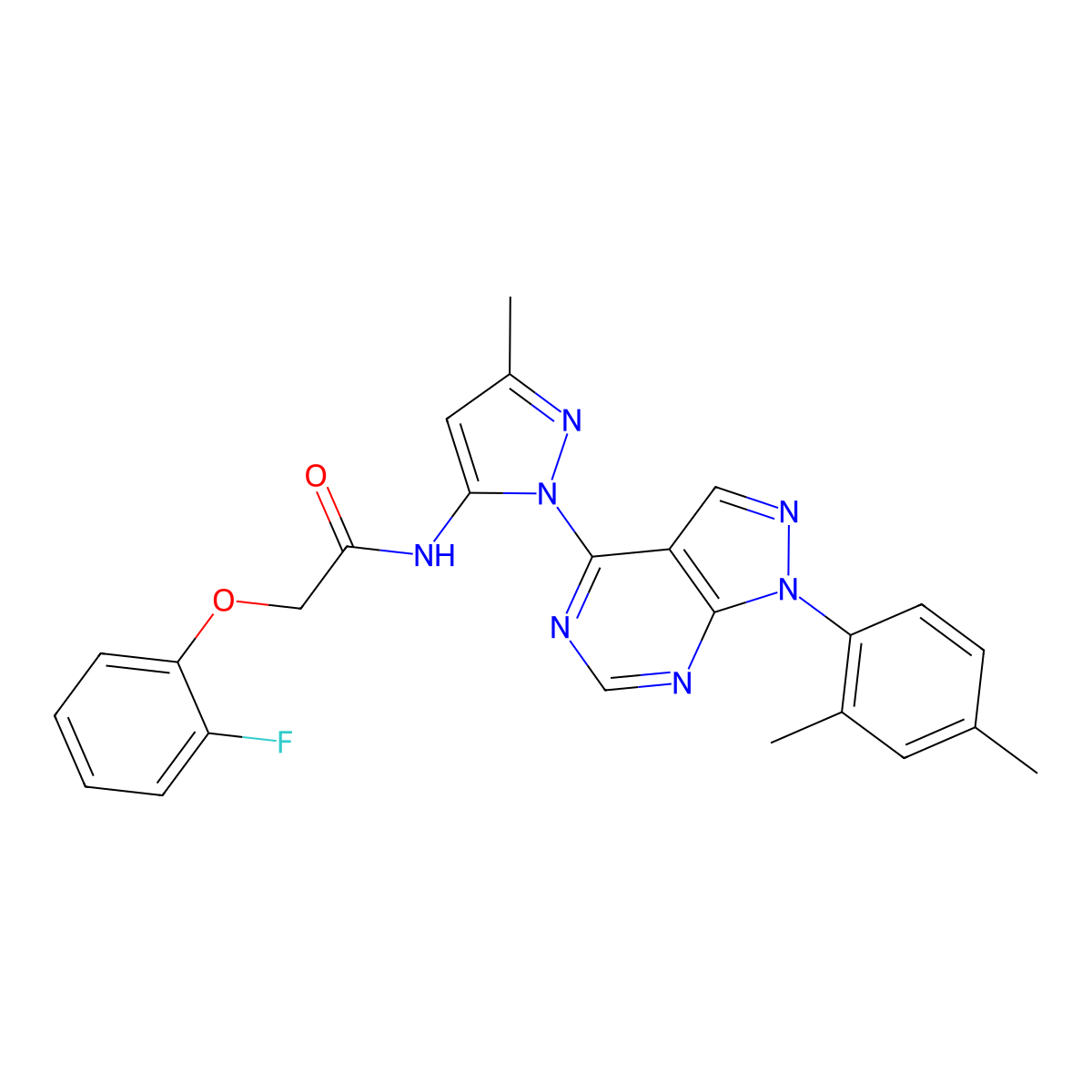 N-{1-[1-(2,4-dimethylphenyl)-1H-pyrazolo[3,4-d]pyrimidin-4-yl]-3-methyl-1H-pyrazol-5-yl}-2-(2-fluorophenoxy)acetamide molecular structure, CAS 1007174-25-5