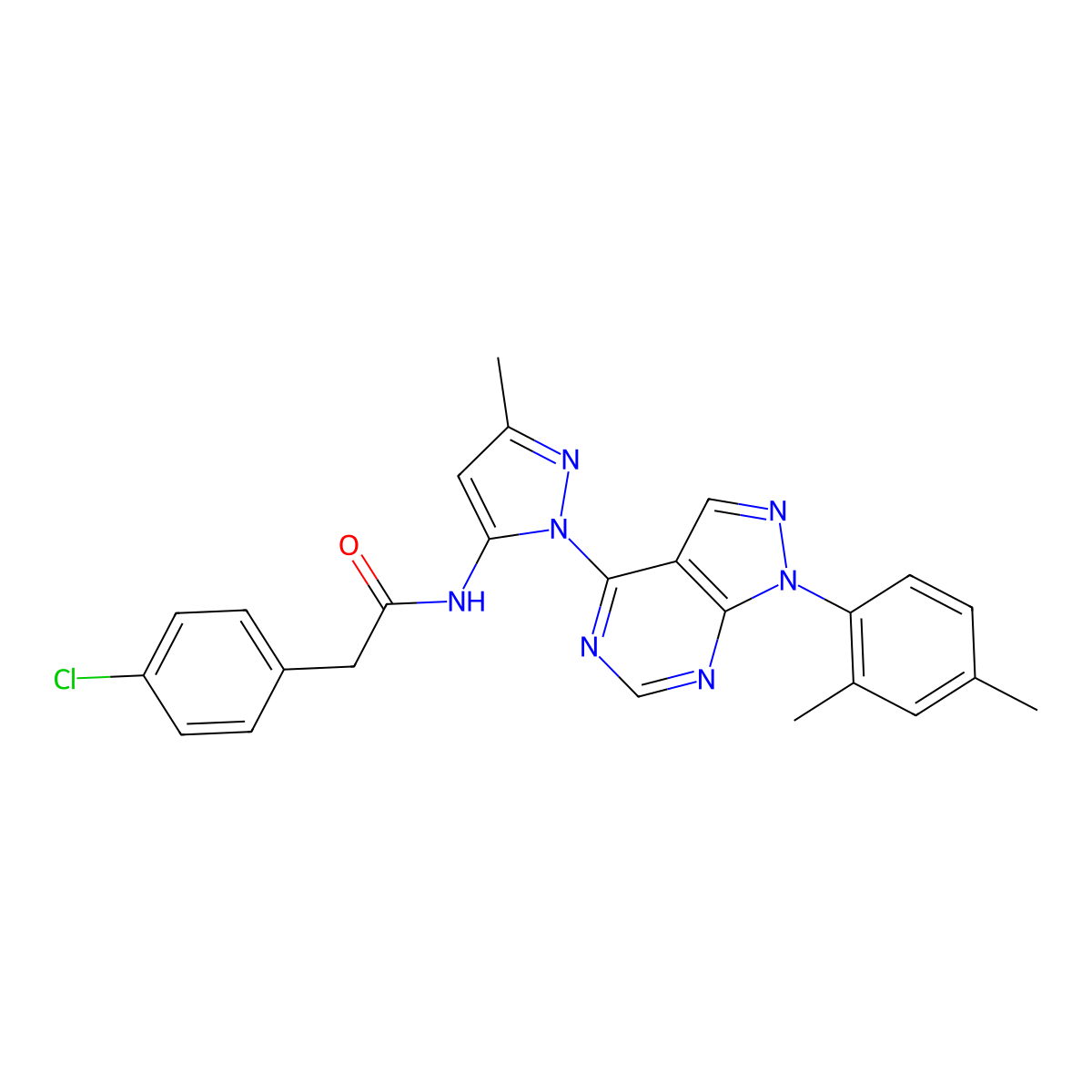 2-(4-chlorophenyl)-N-{1-[1-(2,4-dimethylphenyl)-1H-pyrazolo[3,4-d]pyrimidin-4-yl]-3-methyl-1H-pyrazol-5-yl}acetamide molecular structure, CAS 1007174-31-3