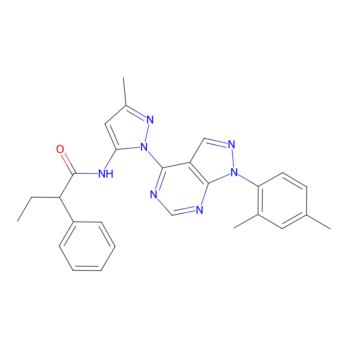 N-(1-(1-(2,4-dimethylphenyl)-1H-pyrazolo[3,4-d]pyrimidin-4-yl)-3-methyl-1H-pyrazol-5-yl)-2-phenylbutanamide molecular structure, CAS 1007174-34-6