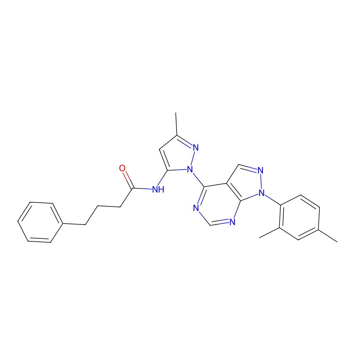 N-{1-[1-(2,4-dimethylphenyl)-1H-pyrazolo[3,4-d]pyrimidin-4-yl]-3-methyl-1H-pyrazol-5-yl}-4-phenylbutanamide molecular structure, CAS 1007174-37-9