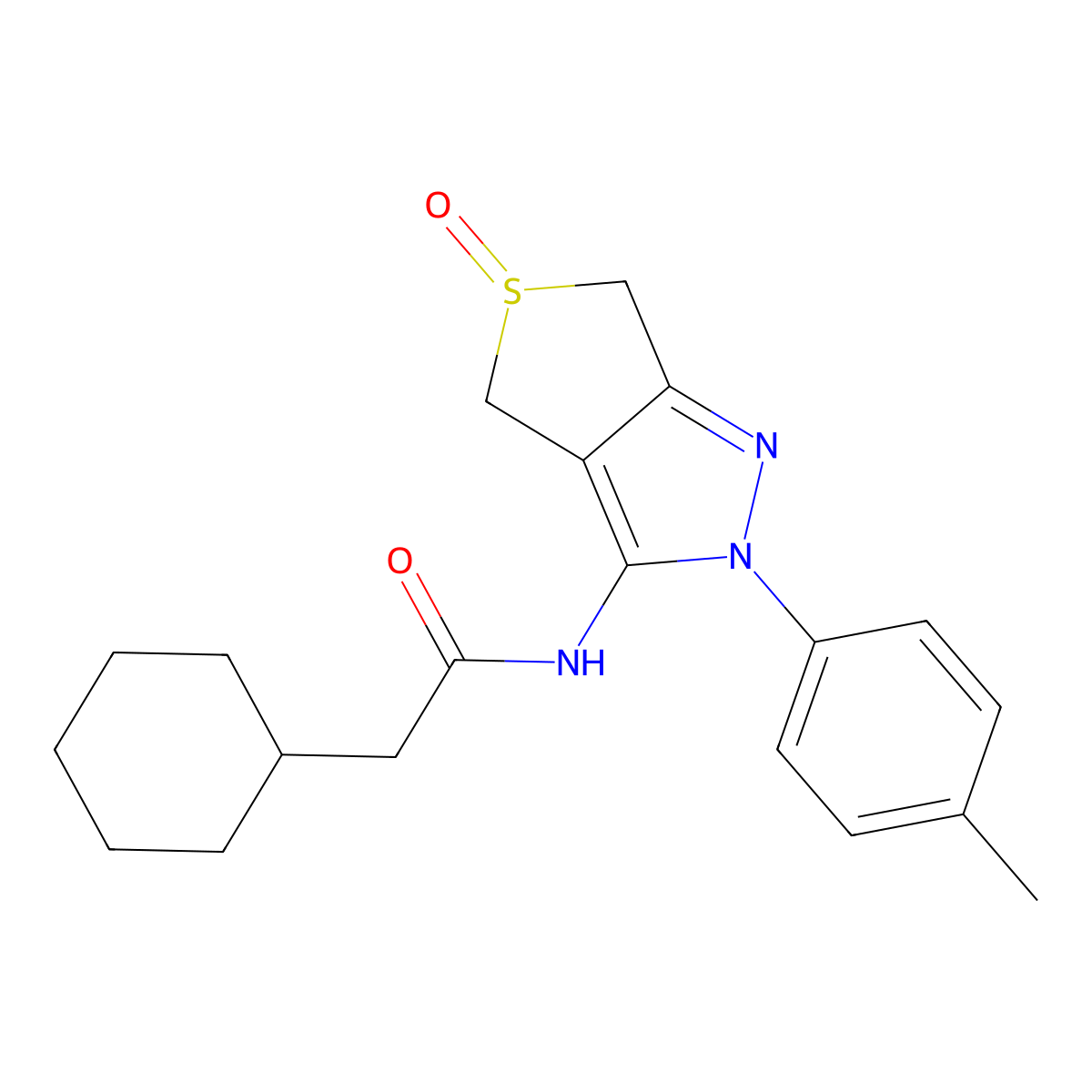 2-cyclohexyl-N-(5-oxido-2-(p-tolyl)-4,6-dihydro-2H-thieno[3,4-c]pyrazol-3-yl)acetamide molecular structure, CAS 1007192-42-8