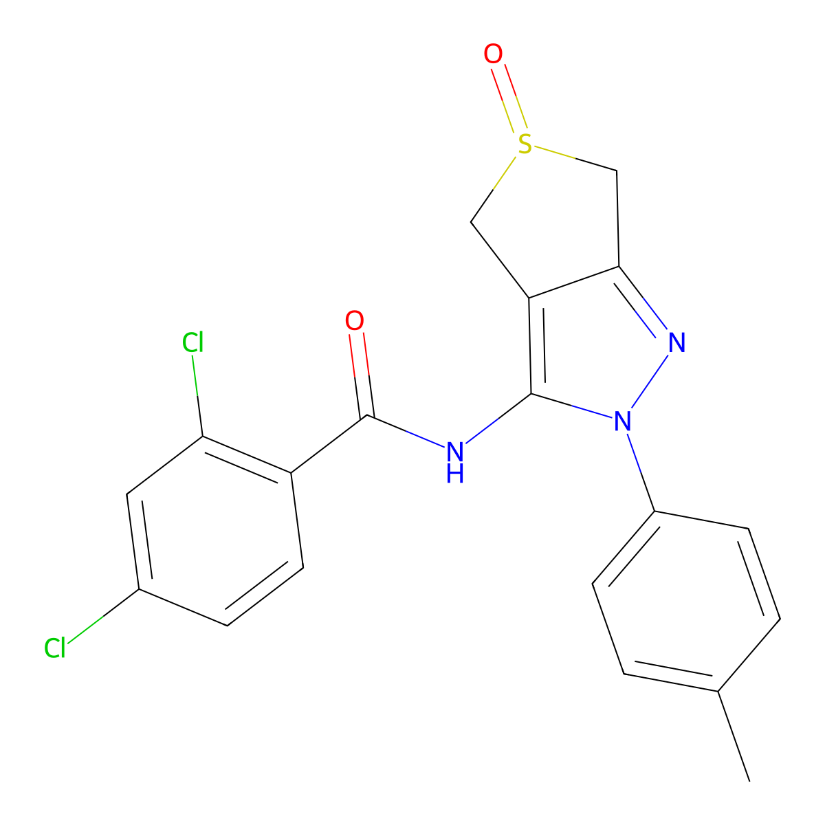 2,4-dichloro-N-(5-oxido-2-(p-tolyl)-4,6-dihydro-2H-thieno[3,4-c]pyrazol-3-yl)benzamide molecular structure, CAS 1007194-98-0