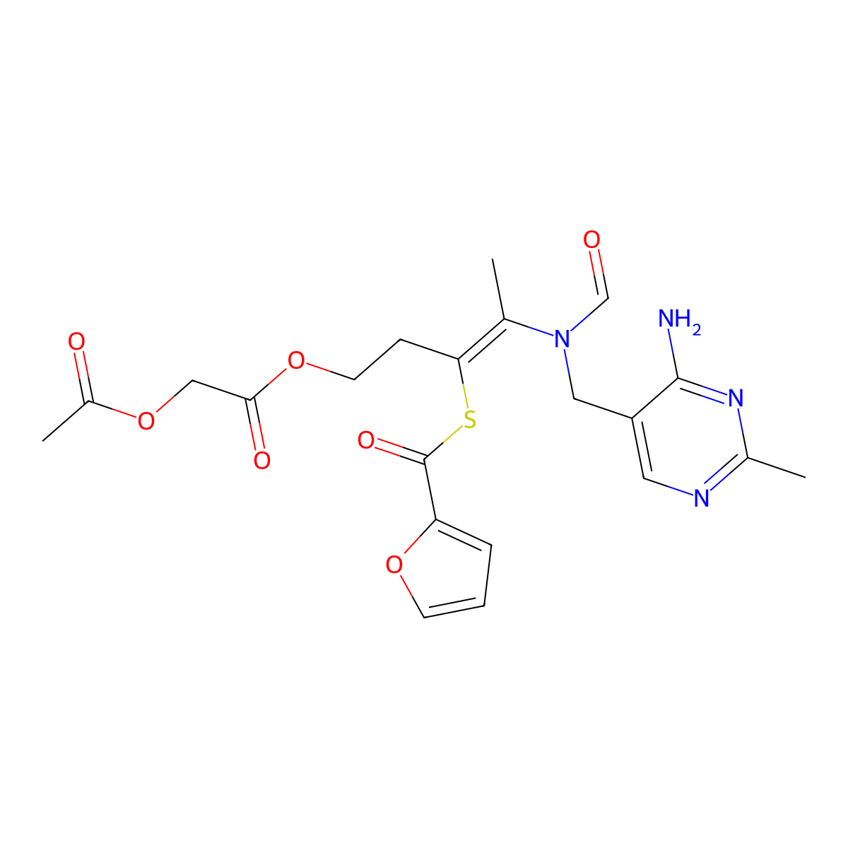 Acetic acid, 2-(acetyloxy)-, 4-(((4-amino-2-methyl-5-pyrimidinyl)methyl)formylamino)-3-((2-furanylcarbonyl)thio)-3-penten-1-yl ester molecular structure, CAS 10072-48-7