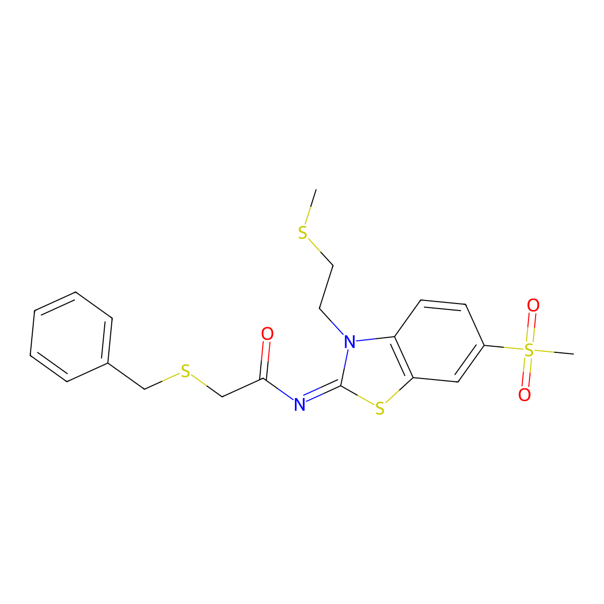 (E)-2-(benzylthio)-N-(6-(methylsulfonyl)-3-(2-(methylthio)ethyl)benzo[d]thiazol-2(3H)-ylidene)acetamide molecular structure, CAS 1007243-46-0