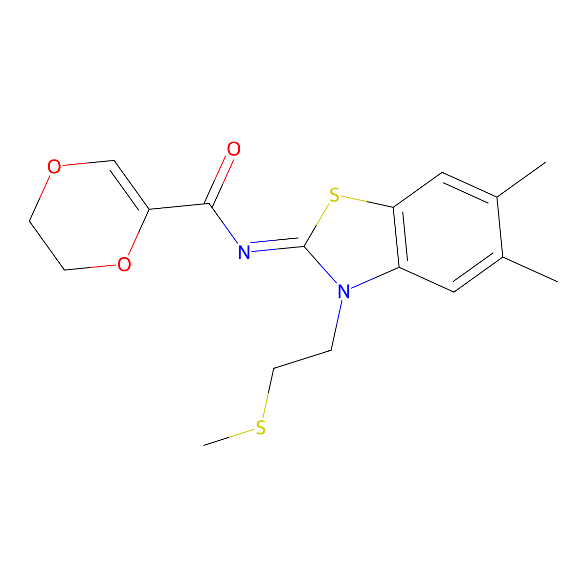 (Z)-N-(5,6-dimethyl-3-(2-(methylthio)ethyl)benzo[d]thiazol-2(3H)-ylidene)-5,6-dihydro-1,4-dioxine-2-carboxamide molecular structure, CAS 1007245-56-8