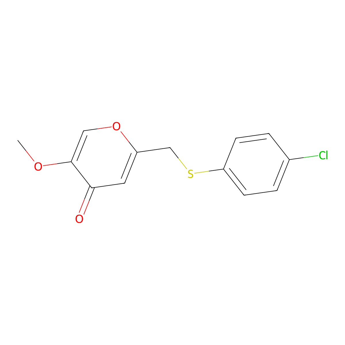 2-(((4-chlorophenyl)thio)methyl)-5-methoxy-4H-pyran-4-one molecular structure, CAS 100726-56-5