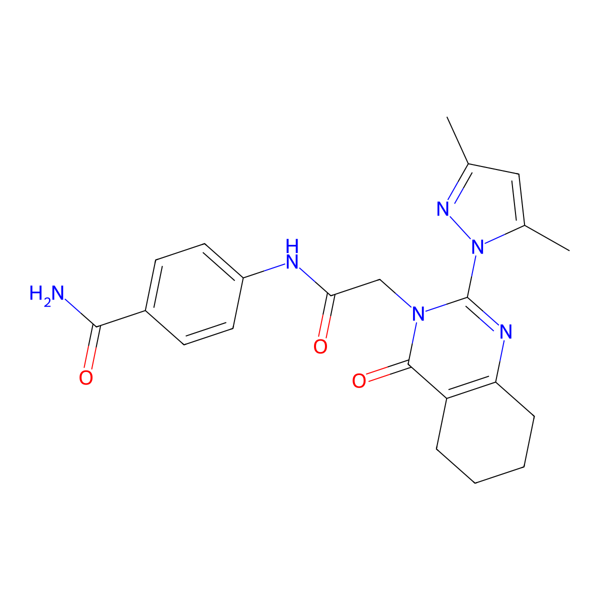 4-(2-(2-(3,5-dimethyl-1H-pyrazol-1-yl)-4-oxo-5,6,7,8-tetrahydroquinazolin-3(4H)-yl)acetamido)benzamide molecular structure, CAS 1007279-00-6