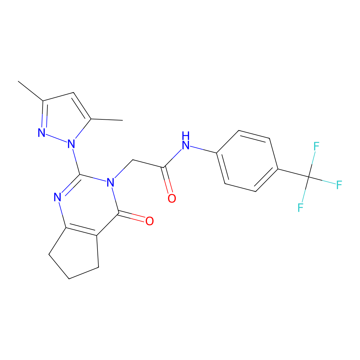 2-(2-(3,5-dimethyl-1H-pyrazol-1-yl)-4-oxo-4,5,6,7-tetrahydro-3H-cyclopenta[d]pyrimidin-3-yl)-N-(4-(trifluoromethyl)phenyl)acetamide molecular structure, CAS 1007279-97-1