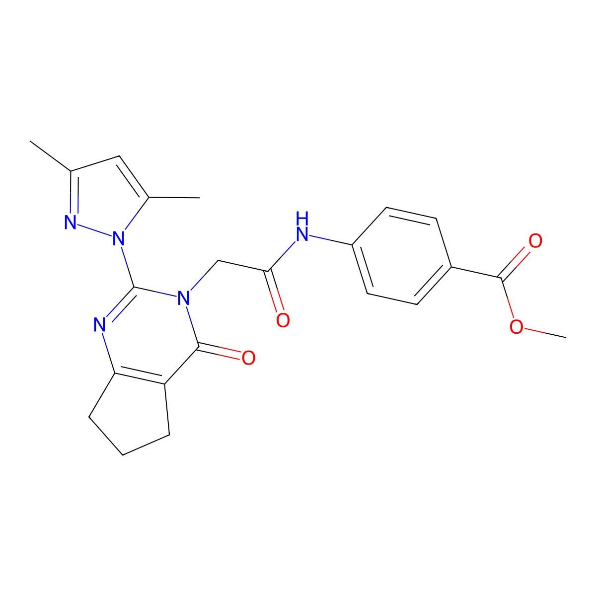 methyl 4-({[2-(3,5-dimethyl-1H-pyrazol-1-yl)-4-oxo-4,5,6,7-tetrahydro-3H-cyclopenta[d]pyrimidin-3-yl]acetyl}amino)benzoate molecular structure, CAS 1007280-04-7