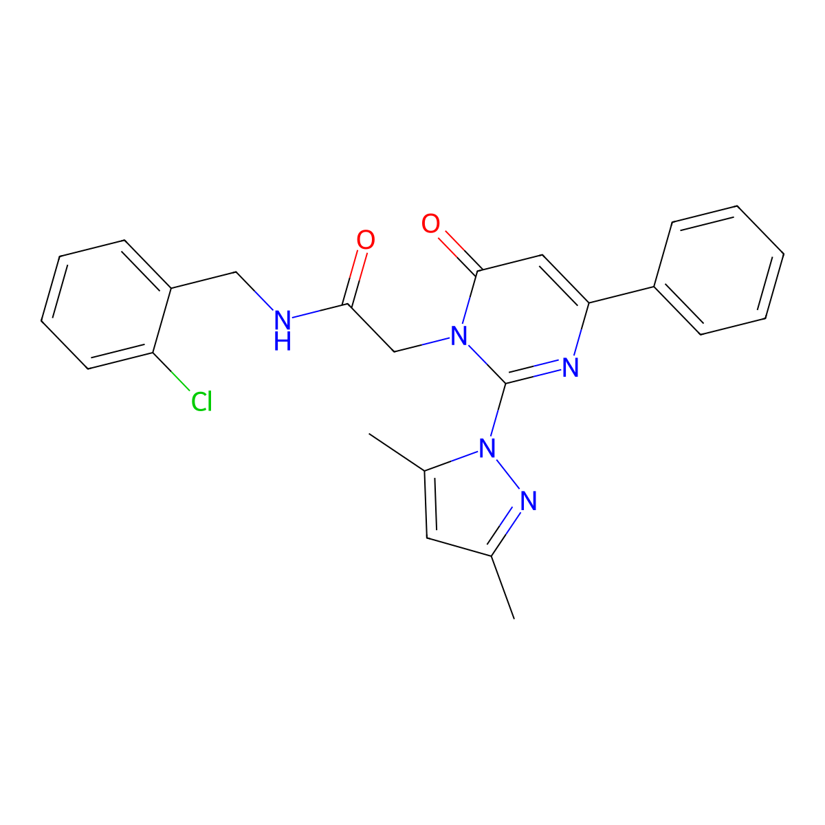 N-(2-chlorobenzyl)-2-(2-(3,5-dimethyl-1H-pyrazol-1-yl)-6-oxo-4-phenylpyrimidin-1(6H)-yl)acetamide molecular structure, CAS 1007294-73-6