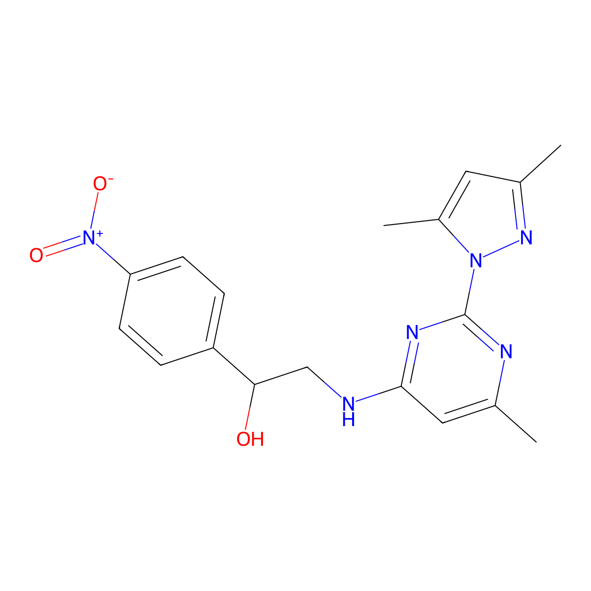 2-((2-(3,5-dimethyl-1H-pyrazol-1-yl)-6-methylpyrimidin-4-yl)amino)-1-(4-nitrophenyl)ethanol molecular structure, CAS 1007295-34-2