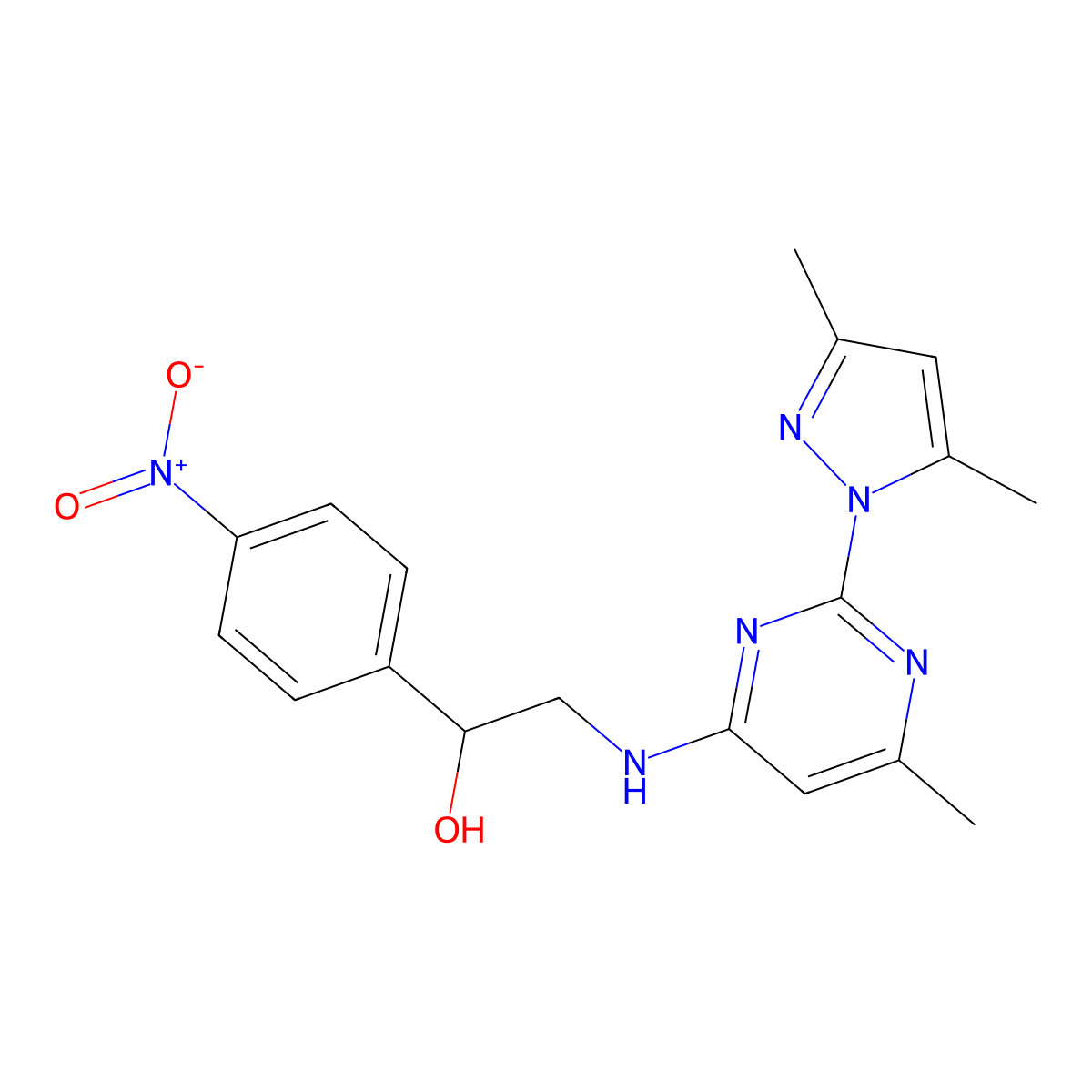 2-((2-(3,5-dimethyl-1H-pyrazol-1-yl)-6-methylpyrimidin-4-yl)amino)-1-(4-nitrophenyl)ethanol molecular structure, CAS 1007295-34-2