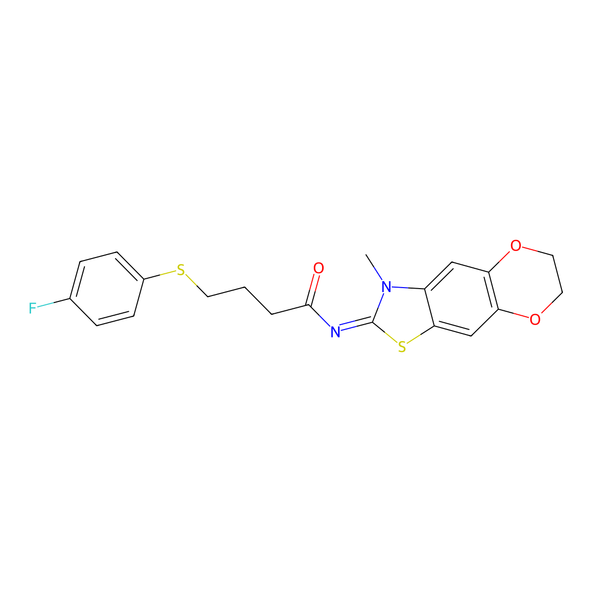 (E)-4-((4-fluorophenyl)thio)-N-(3-methyl-6,7-dihydro-[1,4]dioxino[2',3':4,5]benzo[1,2-d]thiazol-2(3H)-ylidene)butanamide molecular structure, CAS 1007295-35-3