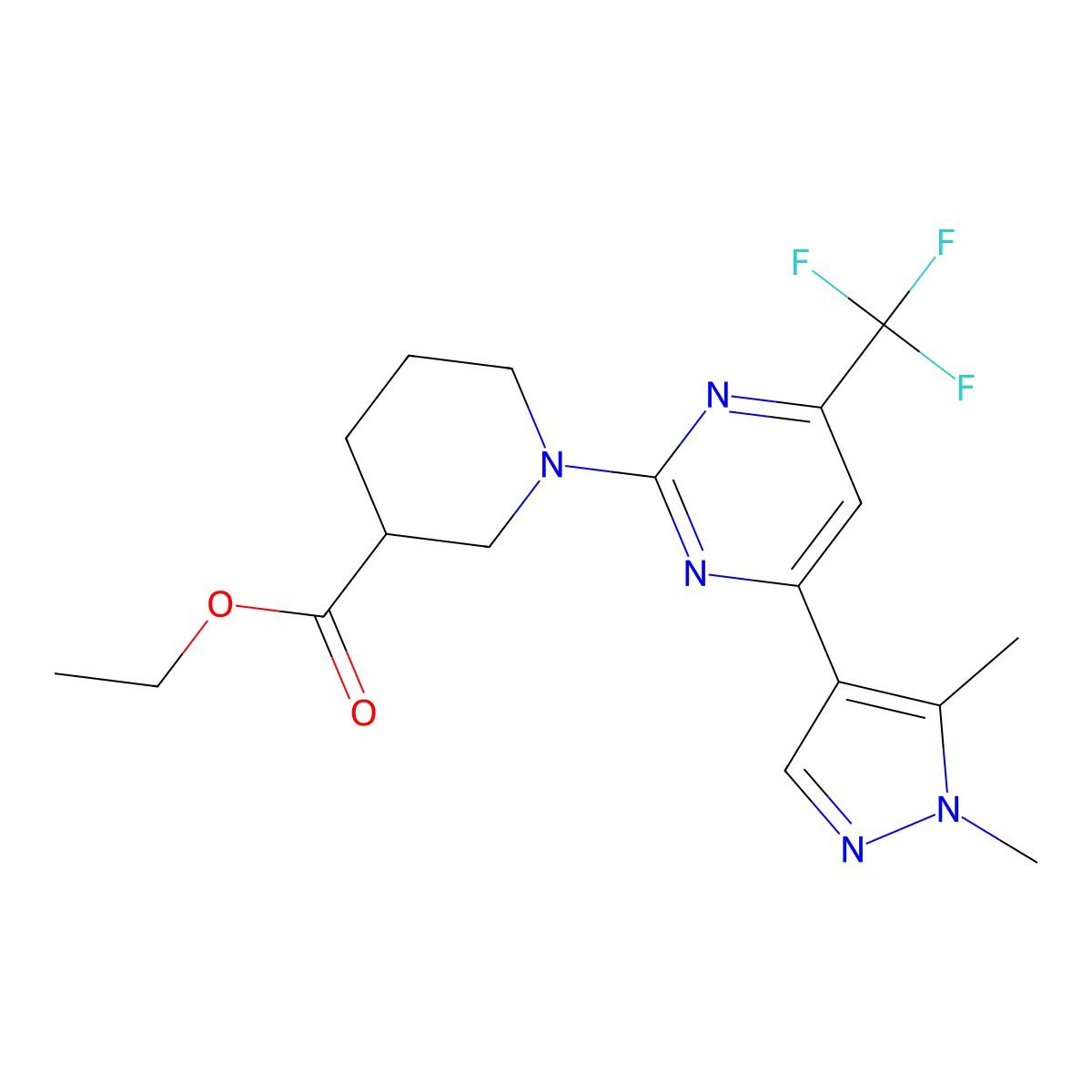 Ethyl 1-(4-(1,5-dimethyl-1H-pyrazol-4-yl)-6-(trifluoromethyl)pyrimidin-2-yl)piperidine-3-carboxylate molecular structure, CAS 1007344-02-6