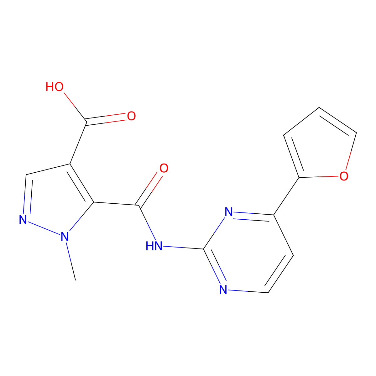 5-[[[4-(2-Furanyl)-2-pyrimidinyl]amino]carbonyl]-1-methyl-1H-pyrazole-4-carboxylic acid molecular structure, CAS 1007344-27-5