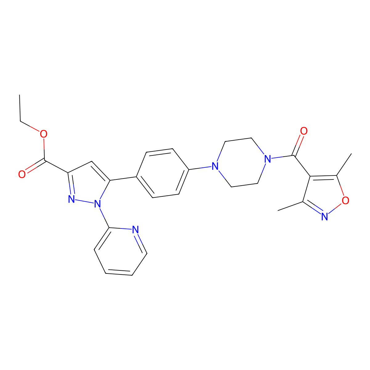 ethyl 5-(4-(4-(3,5-dimethylisoxazole-4-carbonyl)piperazin-1-yl)phenyl)-1-(pyridin-2-yl)-1H-pyrazole-3-carboxylate molecular structure, CAS 1007473-53-1