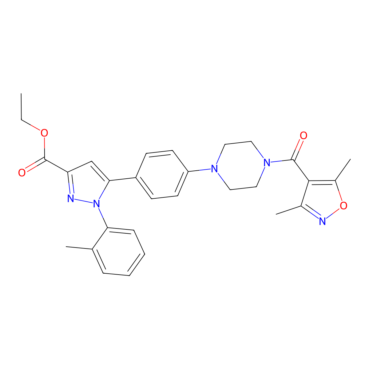 ethyl 5-(4-(4-(3,5-dimethylisoxazole-4-carbonyl)piperazin-1-yl)phenyl)-1-o-tolyl-1H-pyrazole-3-carboxylate molecular structure, CAS 1007477-05-5