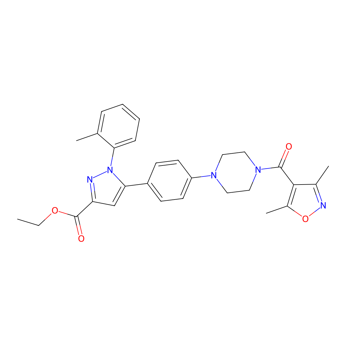 ethyl 5-(4-(4-(3,5-dimethylisoxazole-4-carbonyl)piperazin-1-yl)phenyl)-1-o-tolyl-1H-pyrazole-3-carboxylate molecular structure, CAS 1007477-05-5