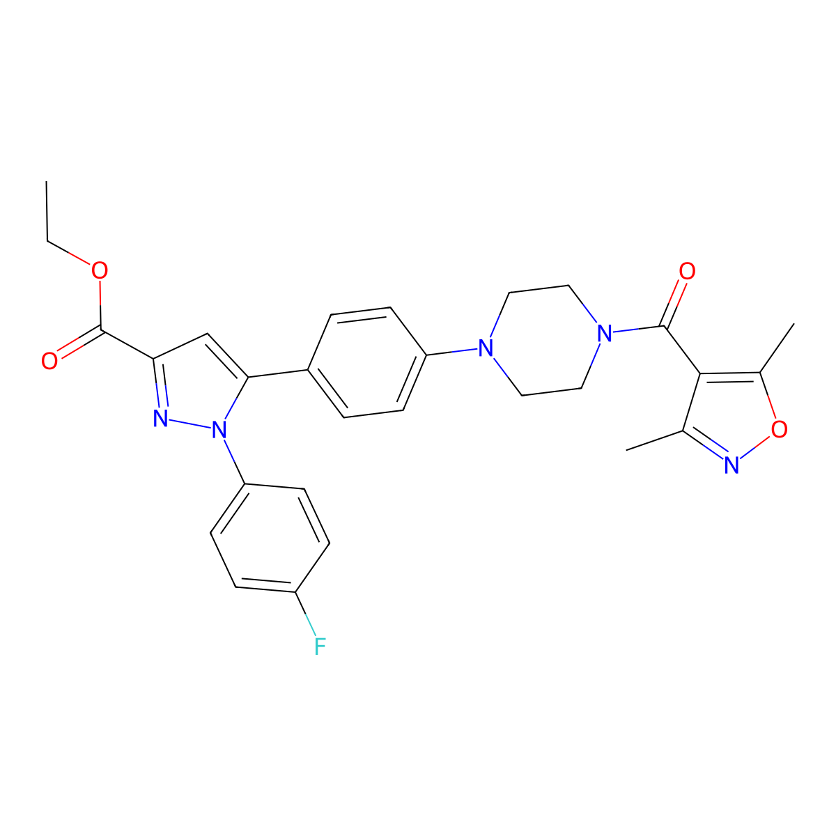 ethyl 5-(4-(4-(3,5-dimethylisoxazole-4-carbonyl)piperazin-1-yl)phenyl)-1-(4-fluorophenyl)-1H-pyrazole-3-carboxylate molecular structure, CAS 1007477-32-8