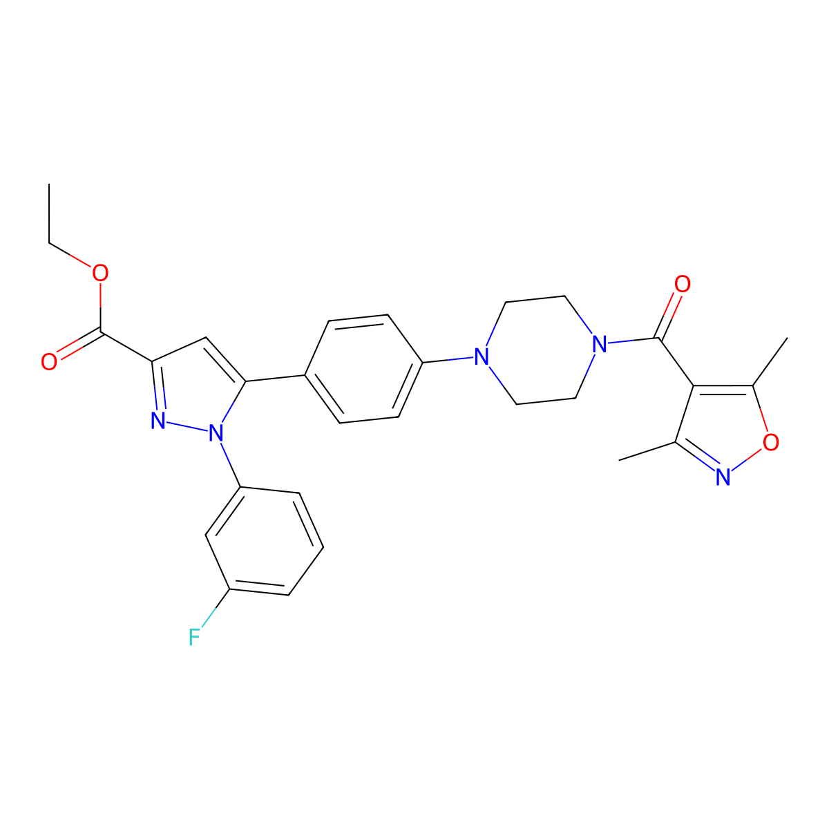 ethyl 5-(4-(4-(3,5-dimethylisoxazole-4-carbonyl)piperazin-1-yl)phenyl)-1-(3-fluorophenyl)-1H-pyrazole-3-carboxylate molecular structure, CAS 1007477-89-5