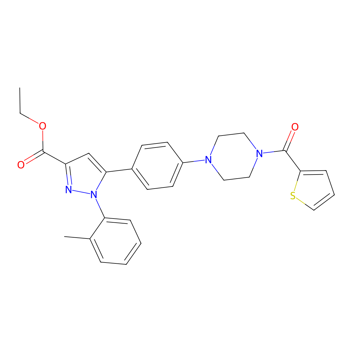 Ethyl 5-(4-(4-(thiophene-2-carbonyl)piperazin-1-yl)phenyl)-1-(o-tolyl)-1H-pyrazole-3-carboxylate molecular structure, CAS 1007513-77-0