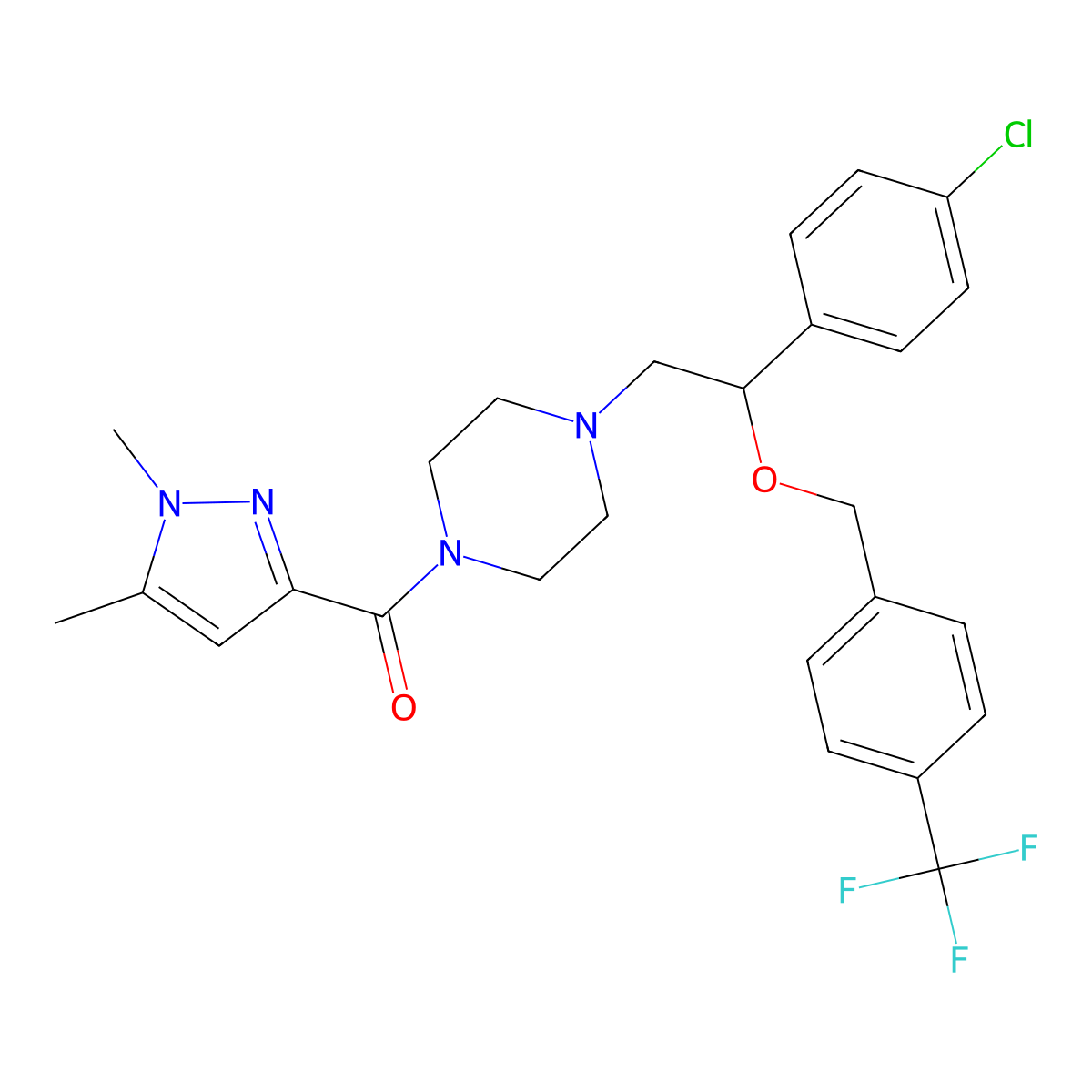 [4-(2-(4-chlorophenyl)-2-{[4-(trifluoromethyl)benzyl]oxy}ethyl)piperazino](1,5-dimethyl-1H-pyrazol-3-yl)methanone molecular structure, CAS 1007516-76-8