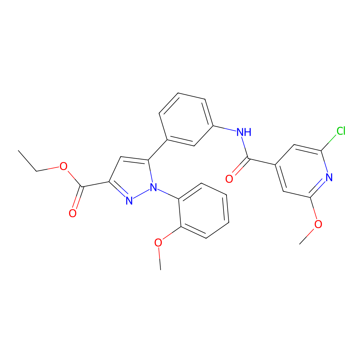 ethyl 5-(3-{[(2-chloro-6-methoxy-4-pyridyl)carbonyl]amino}phenyl)-1-(2-methoxyphenyl)-1H-pyrazole-3-carboxylate molecular structure, CAS 1007517-58-9