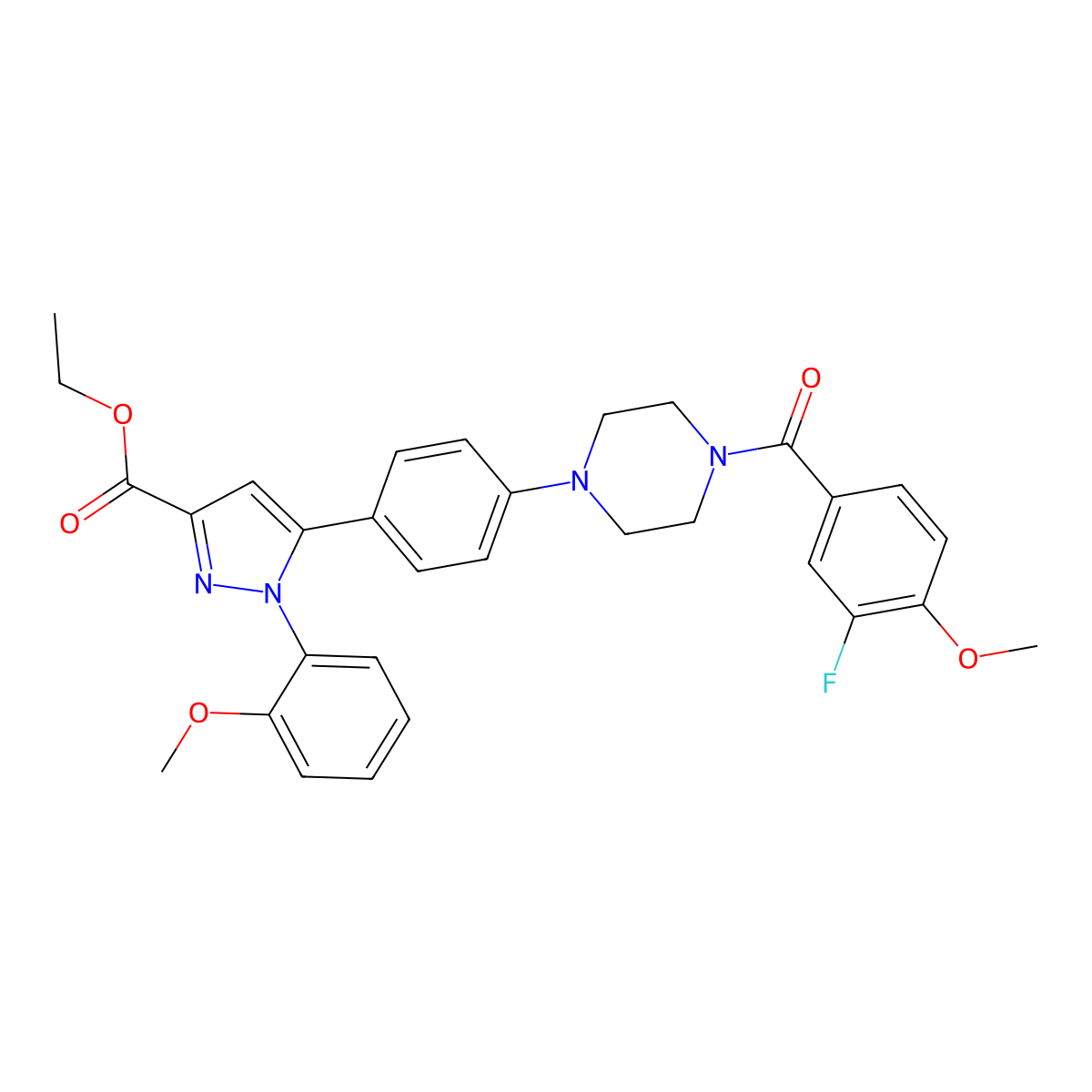 ethyl 5-{4-[4-(3-fluoro-4-methoxybenzoyl)piperazino]phenyl}-1-(2-methoxyphenyl)-1H-pyrazole-3-carboxylate molecular structure, CAS 1007520-04-8