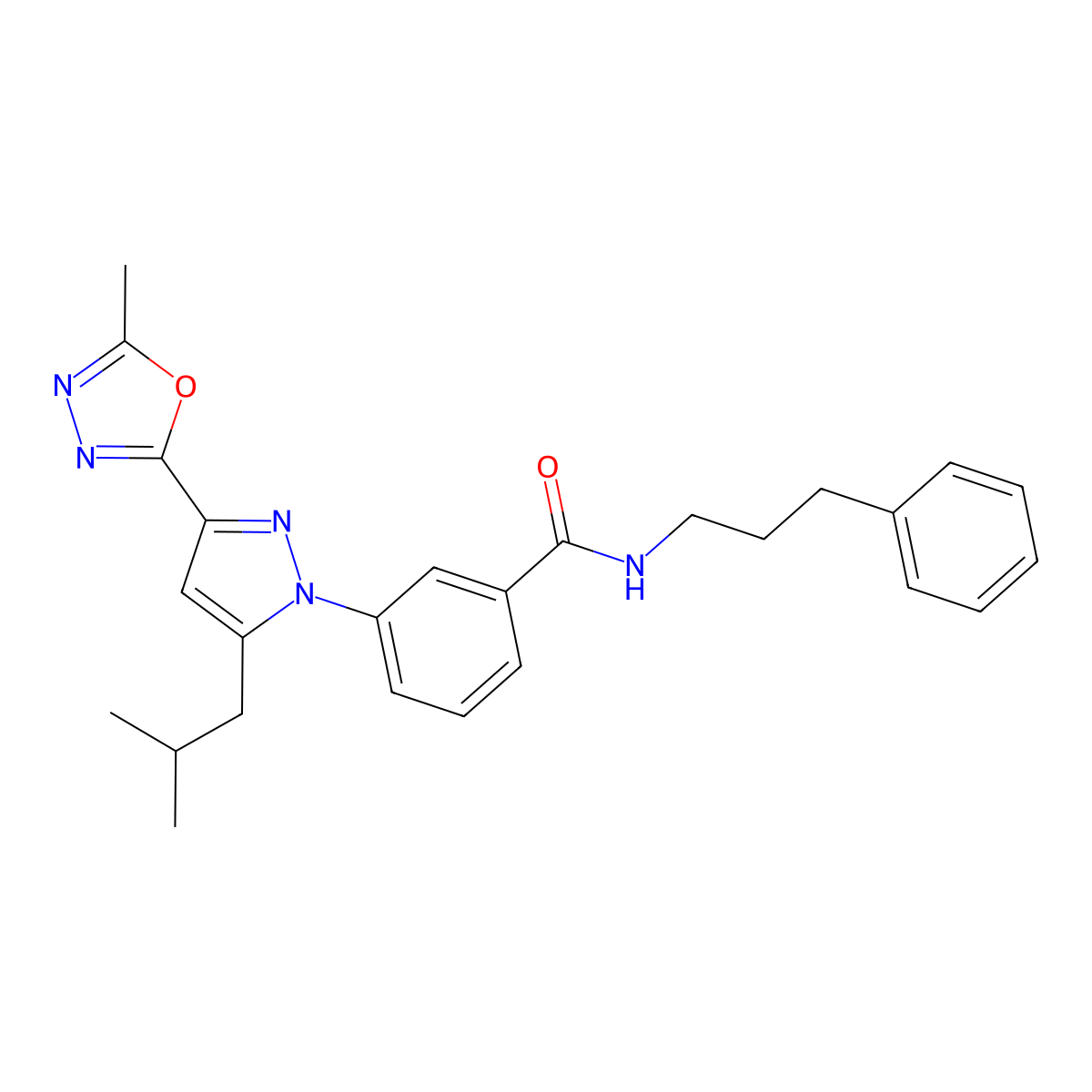 3-[5-isobutyl-3-(5-methyl-1,3,4-oxadiazol-2-yl)-1H-pyrazol-1-yl]-N~1~-(3-phenylpropyl)benzamide molecular structure, CAS 1007536-68-6