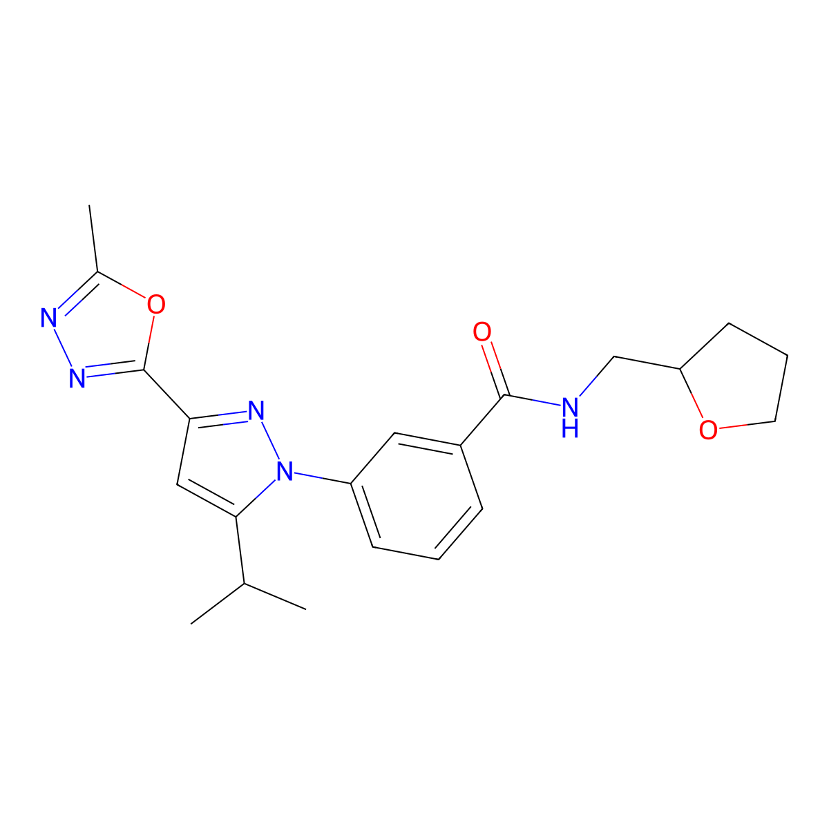 3-[5-isopropyl-3-(5-methyl-1,3,4-oxadiazol-2-yl)-1H-pyrazol-1-yl]-N-(tetrahydro-2-furanylmethyl)benzamide molecular structure, CAS 1007541-85-6