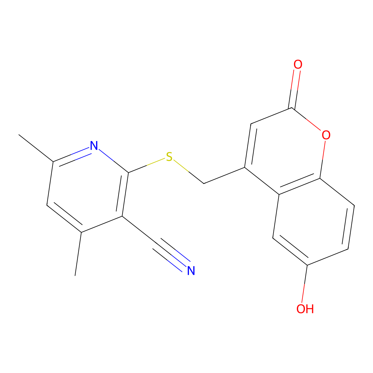 2-(((6-hydroxy-2-oxo-2H-chromen-4-yl)methyl)thio)-4,6-dimethylnicotinonitrile molecular structure, CAS 1007635-15-5