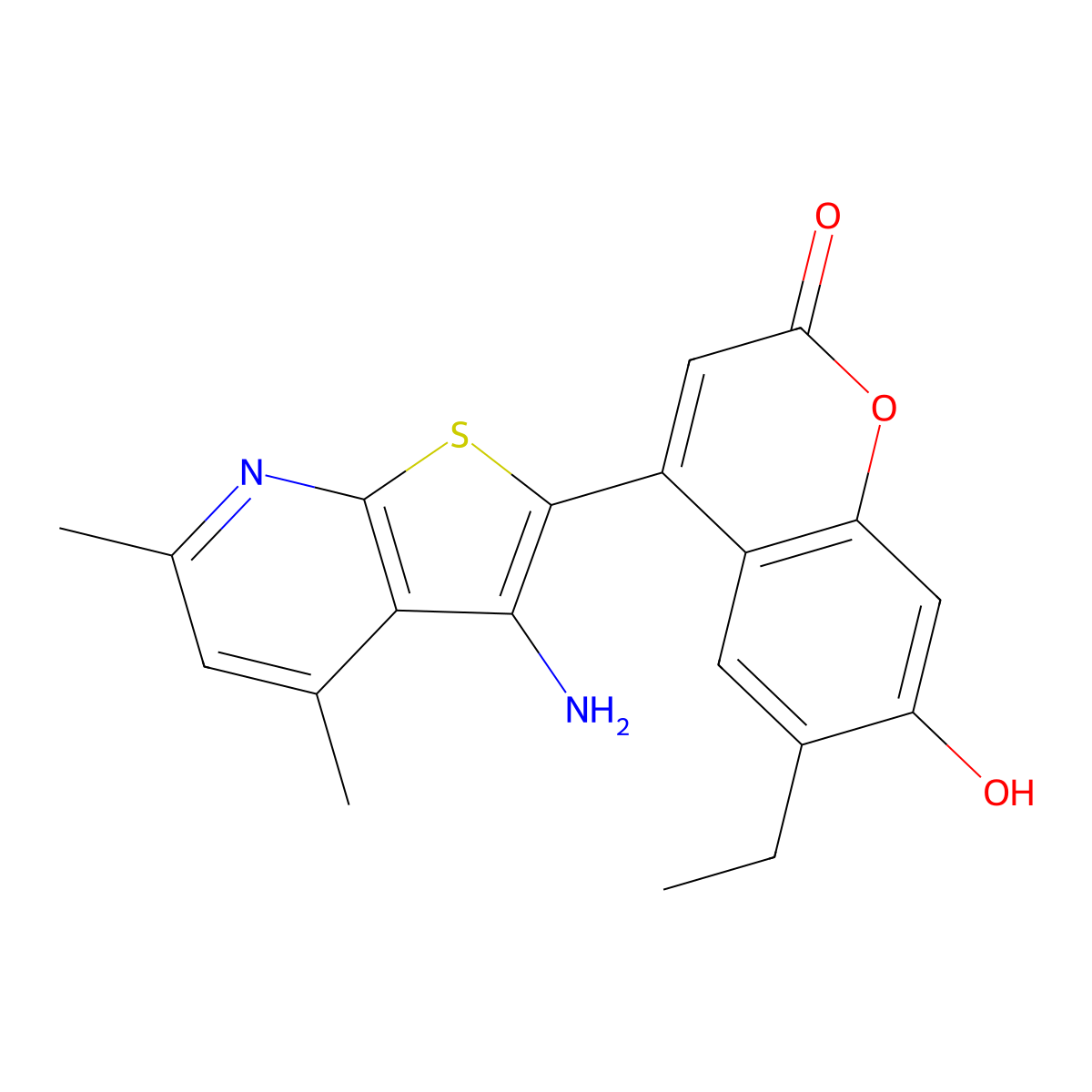 4-{3-amino-4,6-dimethylthieno[2,3-b]pyridin-2-yl}-6-ethyl-7-hydroxy-2H-chromen-2-one molecular structure, CAS 1007635-19-9