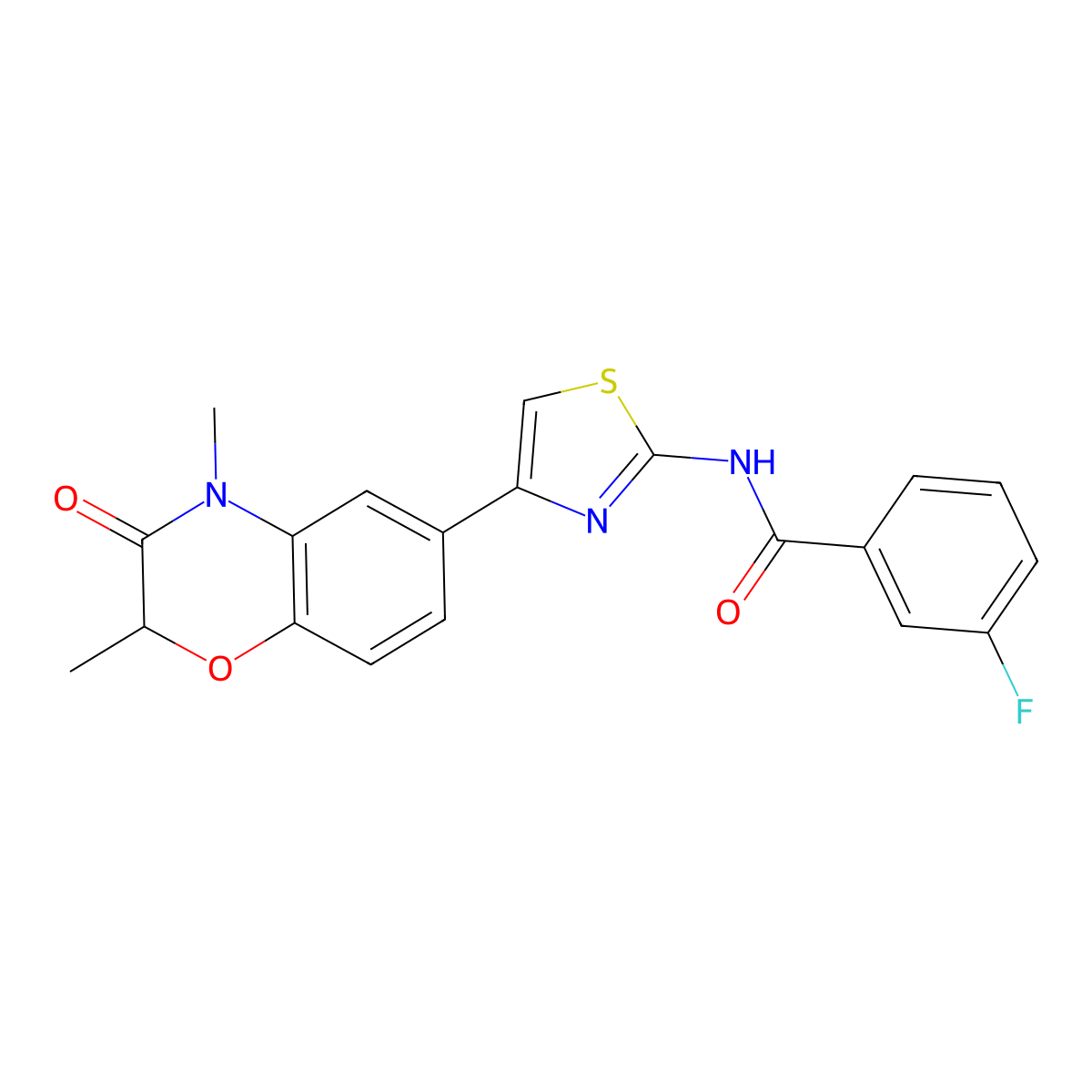 N-(4-(2,4-dimethyl-3-oxo-3,4-dihydro-2H-benzo[b][1,4]oxazin-6-yl)thiazol-2-yl)-3-fluorobenzamide molecular structure, CAS 1007678-27-4