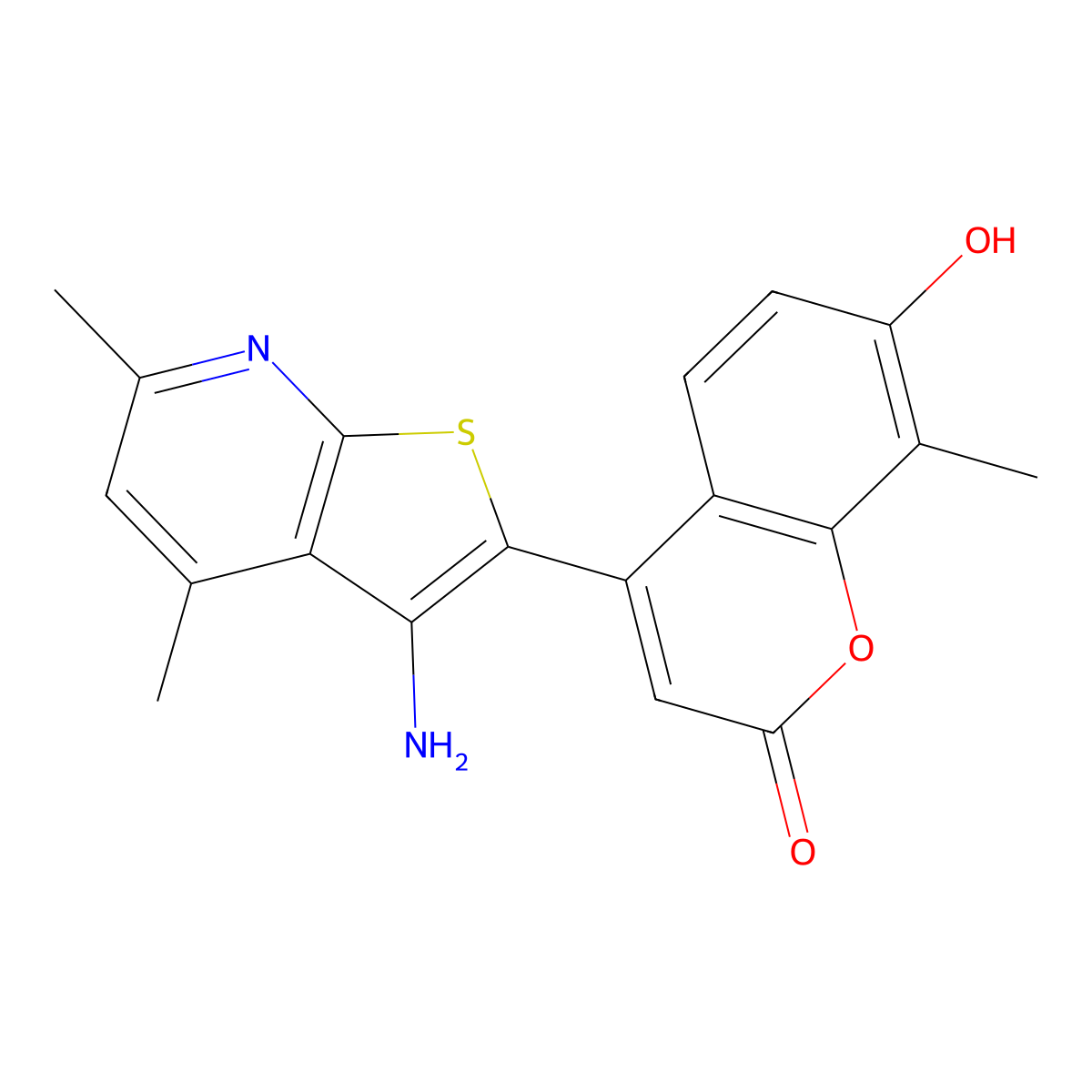 4-(3-amino-4,6-dimethylthieno[2,3-b]pyridin-2-yl)-7-hydroxy-8-methyl-2H-chromen-2-one molecular structure, CAS 1007683-76-2