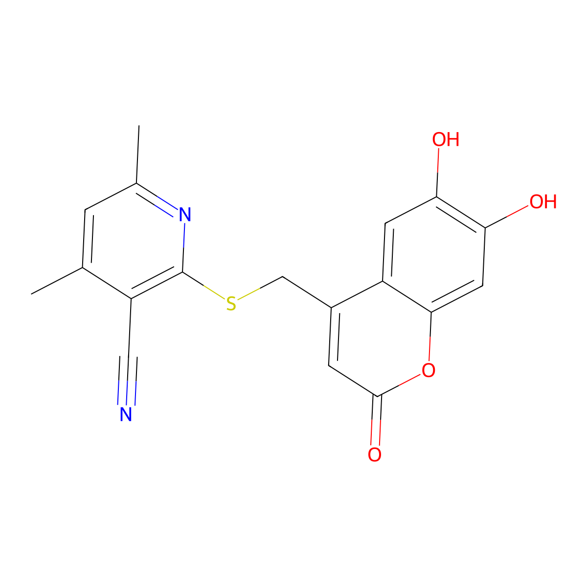 2-(((6,7-dihydroxy-2-oxo-2H-chromen-4-yl)methyl)thio)-4,6-dimethylnicotinonitrile molecular structure, CAS 1007683-80-8
