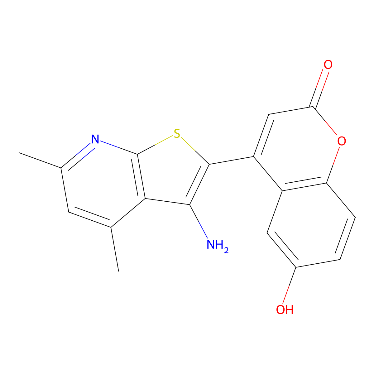 4-(3-amino-4,6-dimethylthieno[2,3-b]pyridin-2-yl)-6-hydroxy-2H-chromen-2-one molecular structure, CAS 1007683-84-2