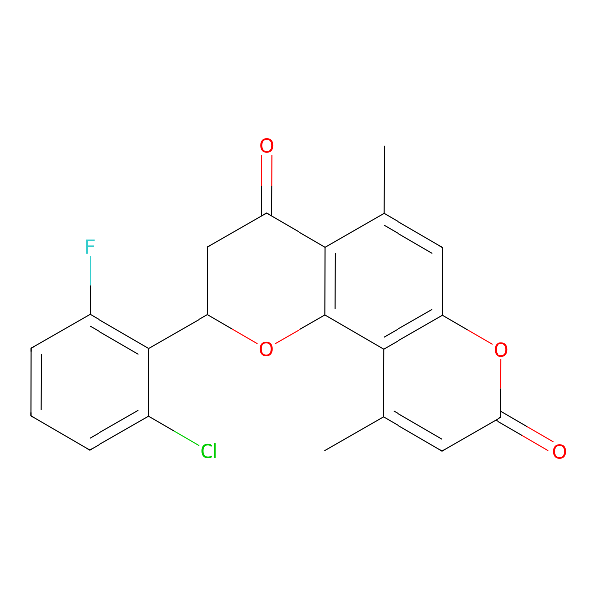 2-(2-chloro-6-fluorophenyl)-5,10-dimethyl-2,3-dihydro-4H,8H-pyrano[2,3-f]chromene-4,8-dione molecular structure, CAS 1007696-12-9