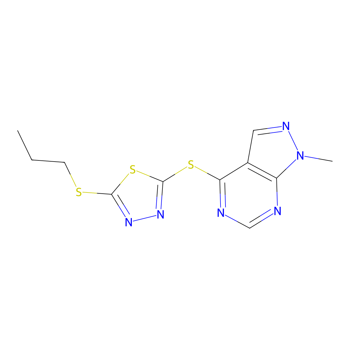 2-({1-methyl-1H-pyrazolo[3,4-d]pyrimidin-4-yl}sulfanyl)-5-(propylsulfanyl)-1,3,4-thiadiazole molecular structure, CAS 1007805-27-7