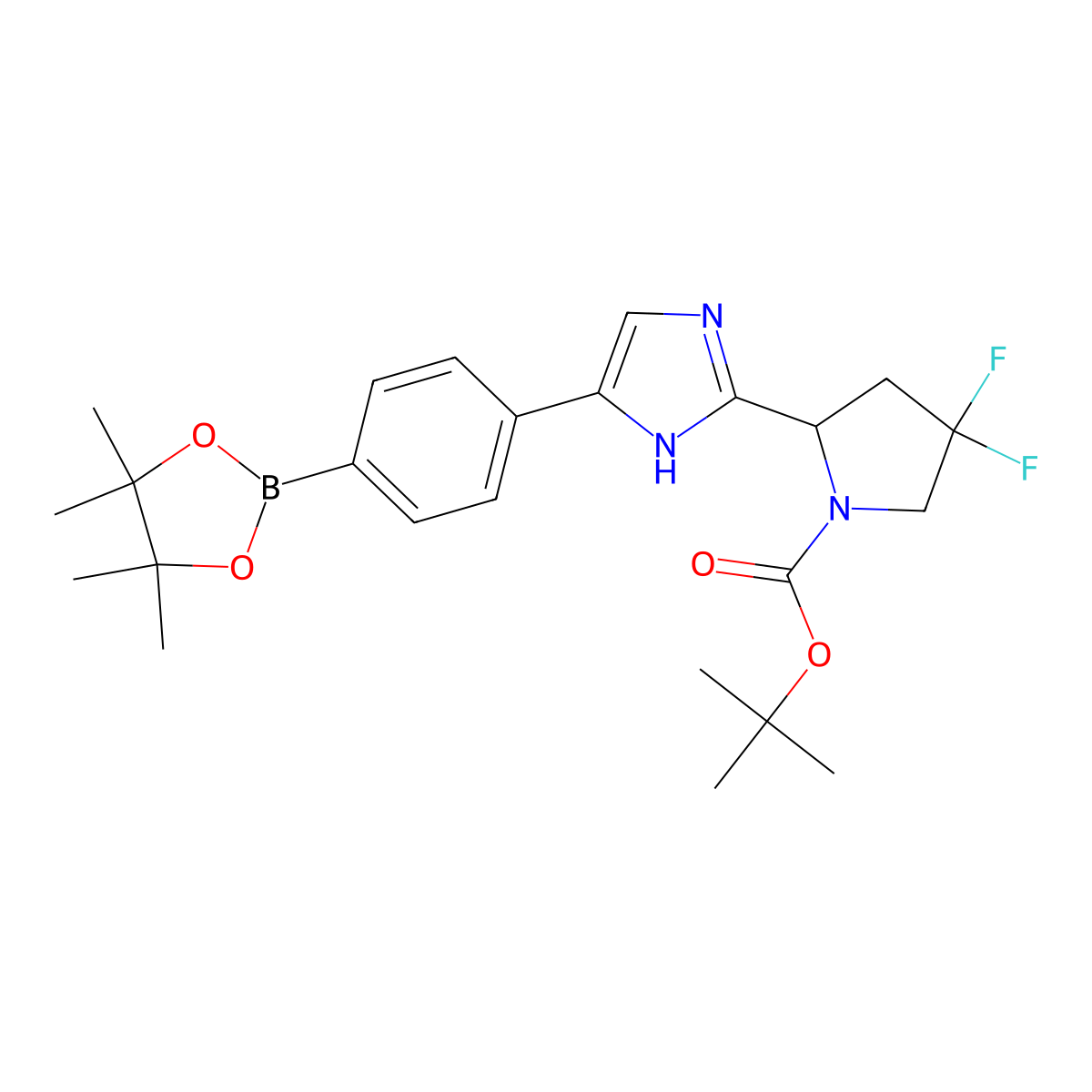 tert-Butyl (S)-4,4-difluoro-2-(5-(4-(4,4,5,5-tetramethyl-1,3,2-dioxaborolan-2-yl)phenyl)-1H-imidazol-2-yl)pyrrolidine-1-carboxylate molecular structure, CAS 1007882-13-4