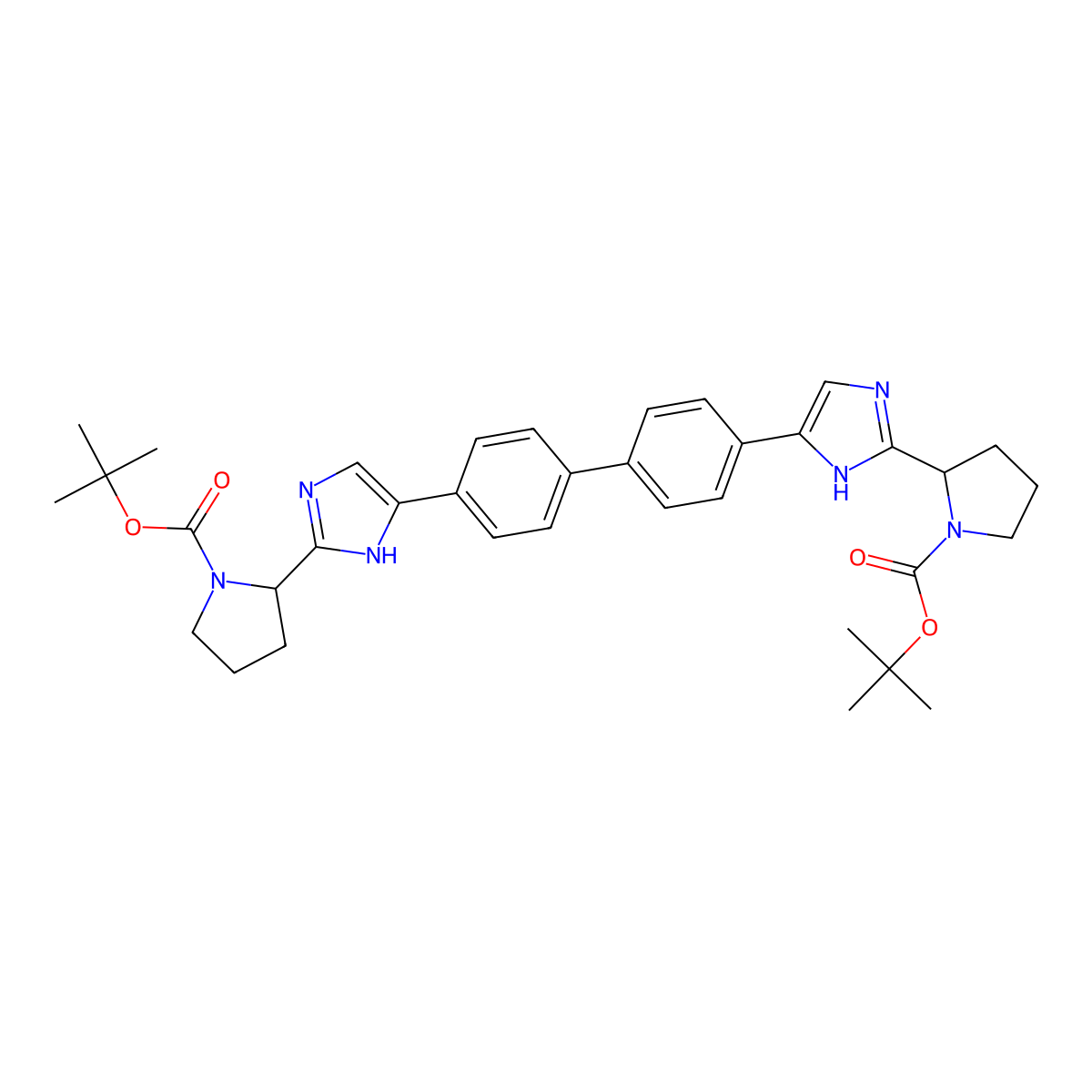 Bis(2-methyl-2-propanyl) (2S,2'S)-2,2'-[4,4'-biphenyldiylbis(1H-imidazole-4,2-diyl)]di(1-pyrrolidinecarboxylate) molecular structure, CAS 1007882-23-6